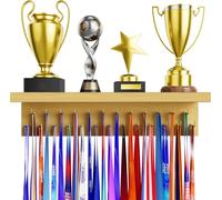 DSVENROLY Medal Holder Display Trophy Shelf Organizer, Sturdy Wooden Race Award Hanger Rack with 25 Steel Hooks, Wall Mount Storage Stand for Sports Fans, Cheer Success, Easy to Install (Nature wood)
