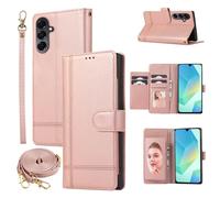 Dswteny Compatible with Samsung Galaxy A16/A17/A26 5G Wallet Case Wrist Strap Crossbody Strap, Mirror PU Leather Flip Stand Cell Phone Cover for A 16 17 26 16A 17A 26A 4G SM-A166U Women Men Rose Gold