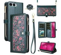 Dswteny for T-Mobile Revvl 8 5G Floral Wallet Case with Wrist Strap Shoulder Strap, PU Leather Card Holder Credit Stand Phone Cover for Tmobile Revvl8 T Mobile Revel Tmo Revell Rebel Women Men Green