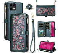Dswteny for T-Mobile Revvl 8 Pro 5G Floral Wallet Case with Wrist Strap Shoulder Strap, PU Leather Card Holder Credit Stand Phone Cover for Tmobile T Mobile Revel Tmo Revell Rebel Women Men Green