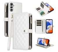 Dswteny Wallet Case for Samsung Galaxy S25 FE 5G with Wrist Strap Flip Zipper Credit Card Holder Soft Stand Accessories Argyle Pattern Cell Phone Cover for S 25 EF S25FE 25S 25FE Women Girls White