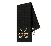 DSXW Personalised Golf Towel with Embroidered Name or Initials, Premium 400GSM Waffle Microfibre Golf Towel for Golf Bags with Carabiner Clip, Custom Golf Gifts for Men, Women, Dad (Black)