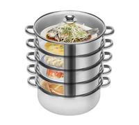 DSYOGX 5 Tiered Steamer Pan, 26 cm Diameter Stainless Steel Steamer Food Vegetable Cooking Pot with Cover and Handles Steamer Pan, Steam up to 5 Different Food Types, Silver