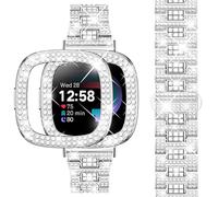 Dsytom Bling Watch Band Compatible with Fitbit Versa 4 Bands/Fitbit Sense 2 Bands with Rhinestone Protective Case Cover for Women(Silver)