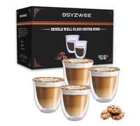 DSYZWEE Double Wall Borosilicate Glass Espresso Cups, Espresso Cup Set (4 x 220ml), Latte Glass Caffee Cups, Handcrafted Artisan - Strong, Borosilicate Heat Resistant