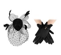Dszemie Black Fascinator for Women, Womens Fascinators Feathers Veil Mesh with Clip and Lace Gloves, Elegant Fascinating Veil Hat, 1950s Weddings Accessories for Prom Party Funeral Daily Use