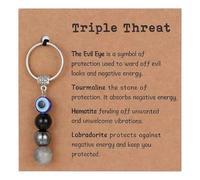 Dszemie Evil Eye Keychain with Protection Card, Triple Protection Keyring Charm, Crystal Keyring with Tiger's Eye, Hematite, Tourmaline Stones, Good Luck Bag Charm for Women, Spiritual Gifts
