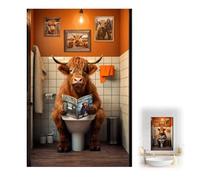 Dszemie Funny Bathroom Wall Art Decor, Waterproof, Wall Art for Bathroom Decor, Happy Cute Calf Reading Newspaper Canvas Poster, Unique Design Artwork for Bathrooms Pictures, 16x12 Inch
