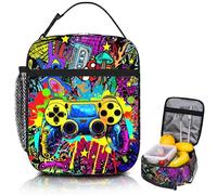 Dszemie Gamer Lunch Box for Boys, Reusable Video Game Lunch Bag for Kids Insulated Lunchbox, Portable Waterproof Leakproof Gaming Lunch Tote Bag, for School Travel Picnic Hiking Beach (A)