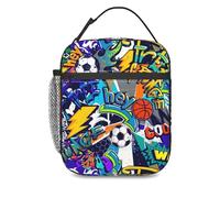 Dszemie Sports Graffiti Lunch Bag, Basketball Soccer Themed Insulated Food Tote, Oxford Fabric Lunch Box Carrier for School Gym Work, Leakproof Cooler Bag with Handle, Colorful Design