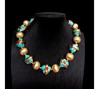 DSZUJTYROP 21x23mm Blue Turquoises Multi Color Jade Trimmed Bead Gold Plated 18mm Brushed Beads Choker Necklace