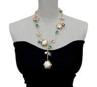 DSZUJTYROP Blue Glass Freshwater Cultured White Keshi Pearl Gold Filled Chain Necklace 21"