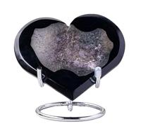 DSZUJTYROP Crystal Black Agate Geode Heart Shaped Gray Striped Slice with Display Stand Home Office Desk Decorative Gifts for Women Men,200-300g