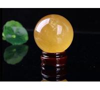 DSZUJTYROP Yellow Calcite Ball,Quartz Crystal with Wooden Stand, Decorative Fluorite Sphere, Handcrafted Gemstone for Home Decor,110mm