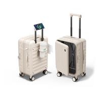 DTA Nova Expandable Lightweight PC Hard Shell Suitcase, 20-inch Carry On Luggage with TSA Lock, 360 Silent Spinner Wheels, Top Opening & Cup Holder - Ideal for Business Travel Suitcase, Beige, Hard