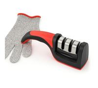 DTDF 3-Stage Manual Knife Sharpener Red & Black with1Safety Cut-Resistant Glove,Professional Kitchen Knife Sharpening Tool with Coarse, Fine & Ceramic Slots, Easy Handheld Sharpener for Home & Chefs