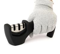 DTDF-3 Stage Manual Knife Sharpener with 1 Safety Cut-Resistant Glove - Professional Kitchen Knife Sharpening Tool with Coarse, Fine & Ceramic Slots Safe, Easy Handheld Sharpener for Home & Chefs