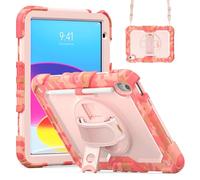 Dteck for iPad 11" A16 (11th Gen, 2025) / iPad 10.9" (10th Gen, 2022) Shockproof Case with Shoulder Strap/Pencil Holder/Rotating Kickstand/Screen Protector, 3-Layer Drop Proof Camouflage Cover, Pink