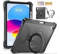 Dteck for iPad 11 inch A16 11th Generation 2025, iPad 10.9 inch 10th Gen 2022 Shockproof Clear Case with Stylus Pencil Holder, Shoulder Strap, Rotating Metal Kickstand Grip Handle, Slim Cover, Black
