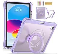 Dteck for iPad 11 inch A16 11th Generation 2025, iPad 10.9 inch 10th Gen 2022 Shockproof Clear Case with Stylus Pencil Holder, Shoulder Strap, Rotating Metal Kickstand Grip Handle, Slim Cover, Purple