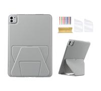 Dteck for iPad Pro 11-Inch (M4) 2024 Release Tablet Back Cover with Foldable Kickstand, with 2 Screen Protector Films and 1 Stylus, Ultra Thin Slim Lightweight PU Leather TPU Protective Case, Gray