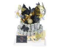 DTESL Gifting Cash Gift Boxes,Happy Birthday Day Money Gift Box,Money Flower Cake Fake Cake Gift Box，for Birthday/Valentine's Day Unique Surprise Gift (Black Gold-two tier)