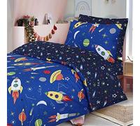 DTEX HOMES - 100% Cotton Kids Childrens Bedding Set Reversible Duvet Cover With Pillowcases and Matching Fitted Sheet (Space Blue, Single Complete Set)