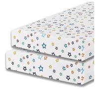 DTEX HOMES 2 x Cot Bed Sheets Super Soft Breathable Polycotton Fitted Sheet 140 x 70 cm (Multi Stars white-70 x 140cm)