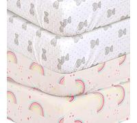 DTEX HOMES 4 x Cot Bed Fitted Sheets 100% Cotton 200 Thread Count Luxury Cot Sheets, Cot Bed 60 x 120 CM - Teddy Grey-Rainbow
