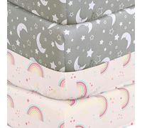 DTEX HOMES 4 x Cot Bed Fitted Sheets 100% Cotton 200 Thread Count Luxury Cot Sheets, Cot Bed 60 x 120 CM -Rainbow-Sleeping Moon