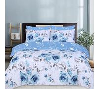 DTEX HOMES Double Duvet Set 100% Pure Cotton Reversible Printed Hotel Quality Duvet Cover Ultra Soft Easy Care double bedding Set Super Soft and Luxury Duvet Cover Sets (Roses Blue)