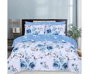 DTEX HOMES Double Duvet Set 100% Pure Cotton Reversible Printed Hotel Quality Duvet Cover Ultra Soft Easy Care double bedding Set Super Soft and Luxury Duvet Cover Sets (Roses Blue)
