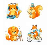 DTF Heat Transfer Stickers, Ready-to-Press Iron On Decals with Cute Animal Designs, 6x7 Inches, Pack of 4, for T-Shirts, Bags, Pillows and DIY Clothing Crafts
