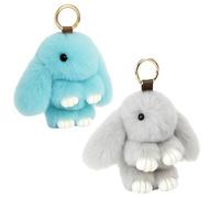DtgEcd 2 Pack Bunny Keyring, Fluffy Bunny Keychain, Soft Plush Rabbit Keyring, Cute Key Pendant Chain for Handbag Purse Decoration, Light Grey and Peacock Blue, 15cm by 10cm