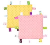 DtgEcd Taggies for Babies, Baby Comforter, 2 Pack Soft Sensory Blankets, Pink and Yellow, 25x25 Inches, Milestone Blanket for Newborns