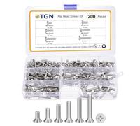 DTGN #8-32 Flat Head Screws Bolts Assortment Kit - 200pcs - Good for Machinery - Stainless Steel Phillips Countersunk Screws Set - Silver