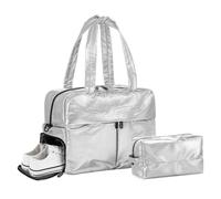 DTGN Compact Travel Duffel Bag for Women, 45L Gym Bag - Stylish Weekender Bag with Shoe Pocket, TSA-Approved Carry-On for Airplane, Fitness, Weekend (Silver)