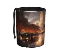 DTHKJNLSF Streets in the Rain Car Trash Can with Hanging Strap, Small Portable Garbage Can for Car SUV Truck, Collapsible Car Trash Bin Cup Holder, Full Print Design