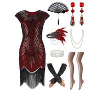 Dtiaagto 1920s Dresses for Women, Flapper Dress with Sequins Beaded Fringed Mesh Stockings, 20s Accessories Mafia Costume Ladies