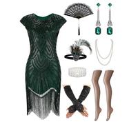 Dtiaagto 1920s Dresses for Women, Flapper Dress with Sequins Beaded Fringed Mesh Stockings, 20s Accessories Mafia Costume Ladies