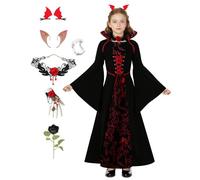 Dtiaagto 7Pcs Vampire Costume Kids Royal Girls Vampire Dress Halloween Gothic Set with Vampire Teeth, Dracula Necklace, Bracelet, Ears, Hairpin, Rose for Vampire-Themed Party Carnival Cosplay