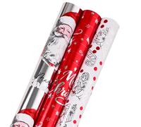 Dtiafu Christmas Wrapping Paper Roll with Cut Line on Back - 3 Rolls Red White Candy Cane Santa Cluas Christmas Texts Metallic Foil Gift Design for Holiday Winter Party Men Women - 17" x 120" Per Roll
