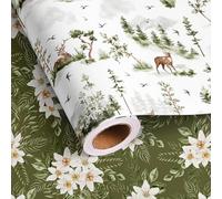 Dtiafu Forest Green Wrapping Paper Roll Watercolor Woodland Reindeer Gift Wrap Sheets Green Floral Xmas for Christmas Winter Baby Shower Celebration - Total 28.5sq.ft