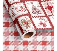 Dtiafu Reversible Candyland Christmas Wrapping Paper Roll for Kids Vintage Reindeer Candy Cane and Buffalo Plaid Design Pink Xmas Gift Wrap Paper for Holiday Winter Party Celebration - Total 28.5sq.ft