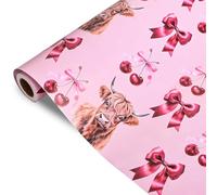 Dtiafu Reversible Pink Bow Wrapping Paper for Girls Women - Highland Cow, Cherry & Pink Polka Dot Gift Wrap for Birthday Wedding Baby Shower Holiday Party - 17 Inch x 20 feet(Total 28.5sq.ft)