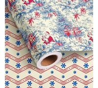Dtiafu Reversible Vintage Christmas Wrapping Paper Roll Red Blue Toile Santa Claus Christmas Tree Scenes and Stripe Design Gift Wrap Sheets for Holiday Winter Party Packing Supplies - Total 28.5sq.ft