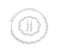 Dtja 3pcs Pearl Rhinestone Jewelry Set for Women Silver Plated Sparkling Artificial Pearls Necklace and Dangle Earring Bracelet Sets Bridal Wedding Party Brides Bridesmaids Jewelry