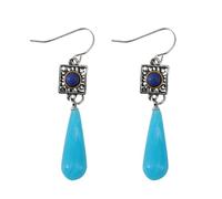 Dtja Antique Square Teardrop Dangle Earrings for Women Silver Plated Round Blue Stone Geometry Fish Hook Vintage Holiday Festival Party Dress Accessories Jewelry