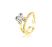 Dtja Crystal Four Leaf Clover Statement Ring for Women 14K Gold Plated Brass Adjustable Expandable Cherry Daisy Flower Open Wrap Rings Cute Wedding Promise Holiday Dress Acccessories Jewelry Gift