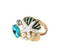 Dtja Dainty Ocean Sea Statement Ring for Women Gold Toned Fashion Adjustable Expandable Blue Marquis CZ Starfish Shell Marine Life Open Wrap Rings Cute Holiday Beach Party Jewelry Gift